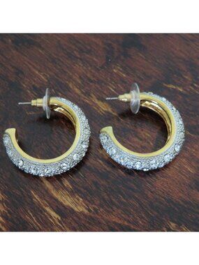 Vintage 90s Gold & Rhinestone Embellished Hoop Earrings Push-Back Closure